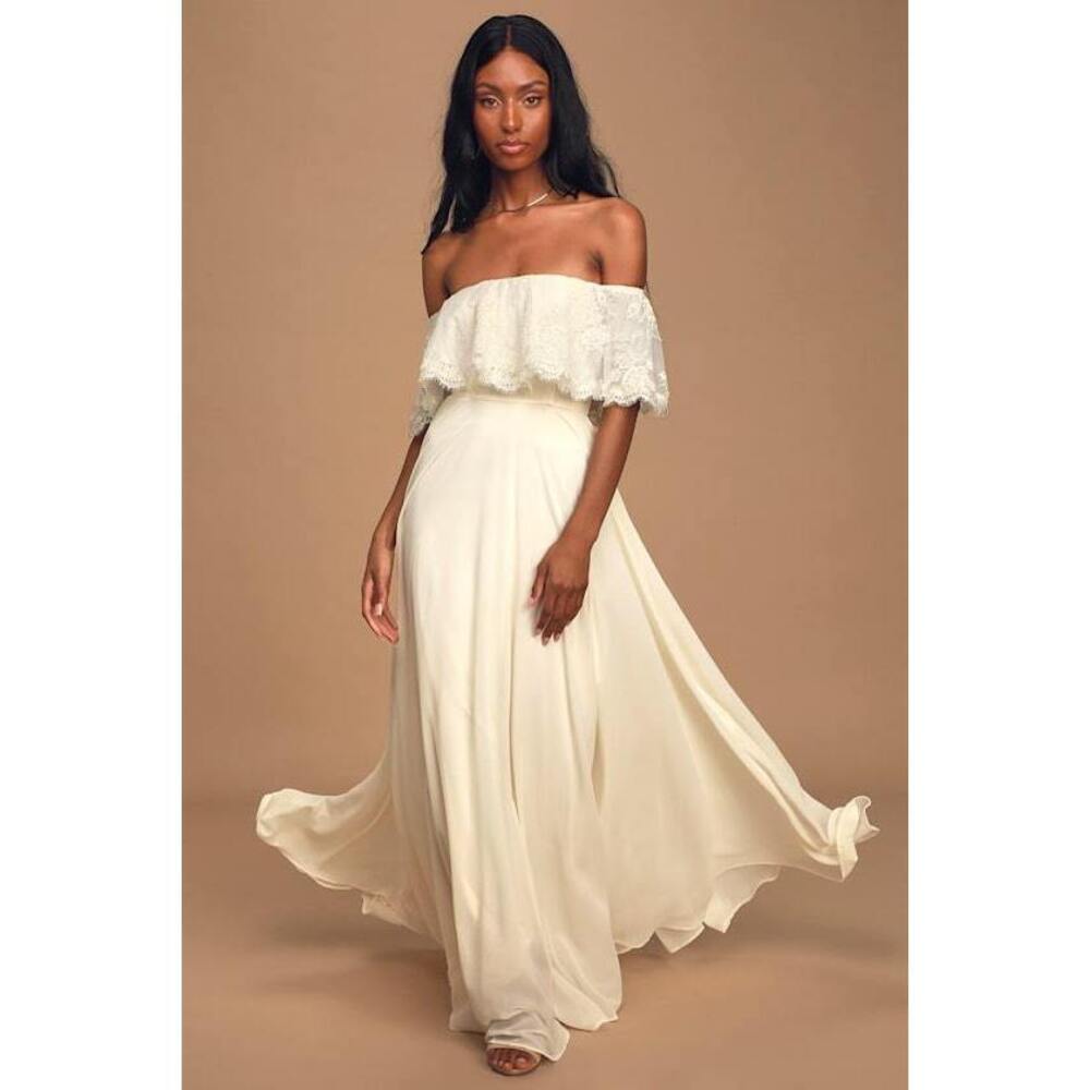 Lulus Everlasting Love Cream Lace Off-the-shoulder Maxi Dress White - Size S